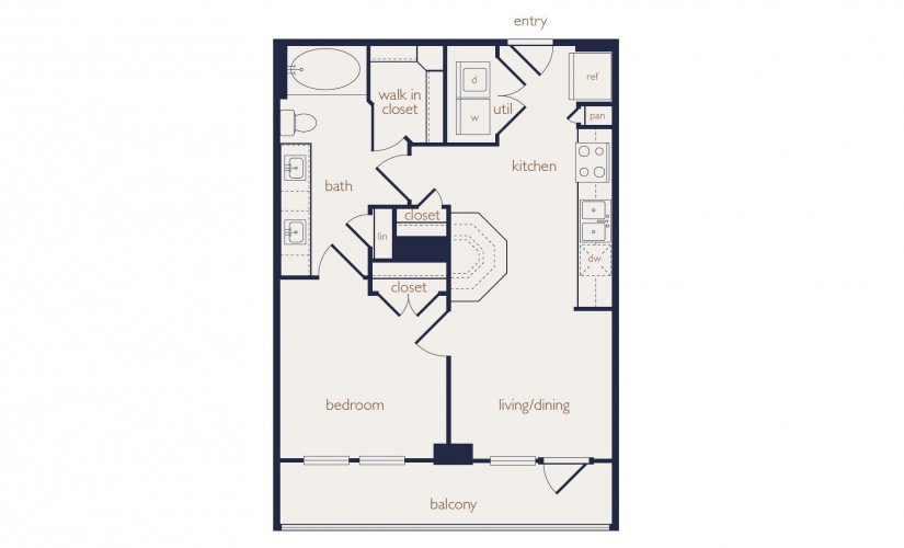 a1a - 1 bedroom floorplan layout with 1 bathroom and 634 square feet