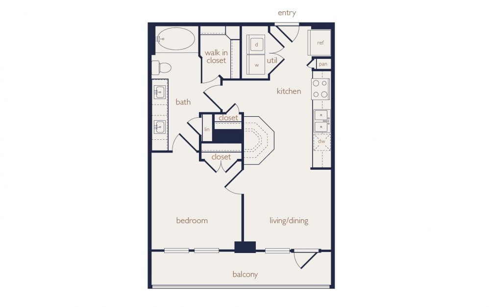 a1a - 1 bedroom floorplan layout with 1 bath and 634 square feet.