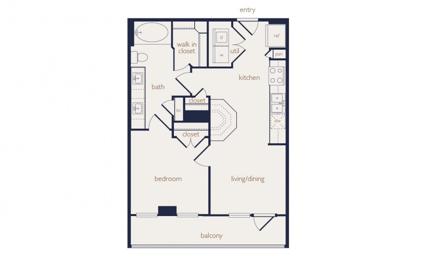 a1b - 1 bedroom floorplan layout with 1 bathroom and 632 square feet