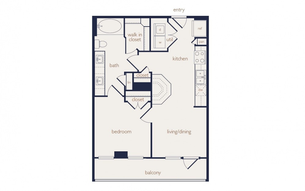 a1b - 1 bedroom floorplan layout with 1 bath and 632 square feet.