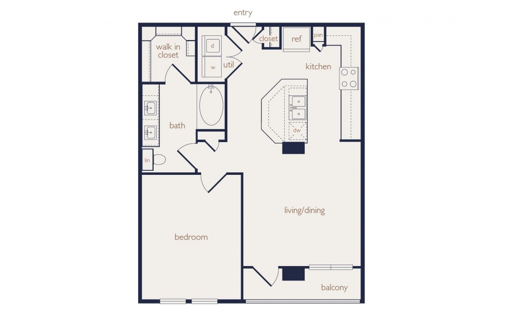 a3a - 1 bedroom floorplan layout with 1 bath and 760 square feet.