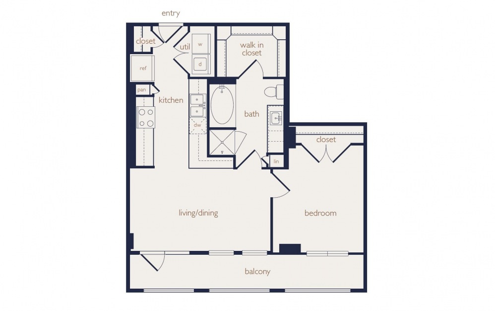 a4b - 1 bedroom floorplan layout with 1 bath and 695 square feet.