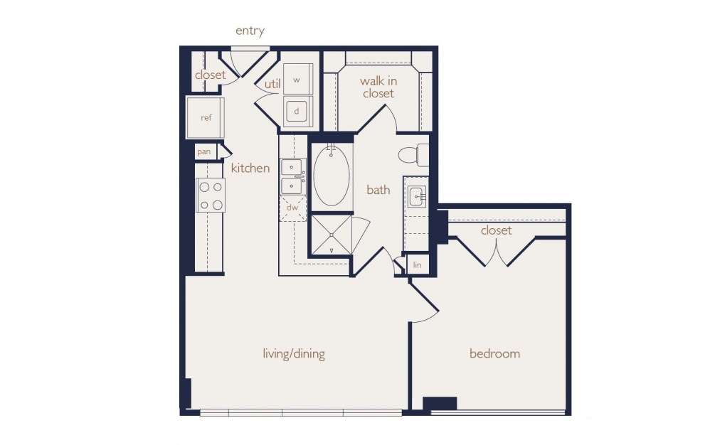 a4a - 1 bedroom floorplan layout with 1 bath and 718 square feet.