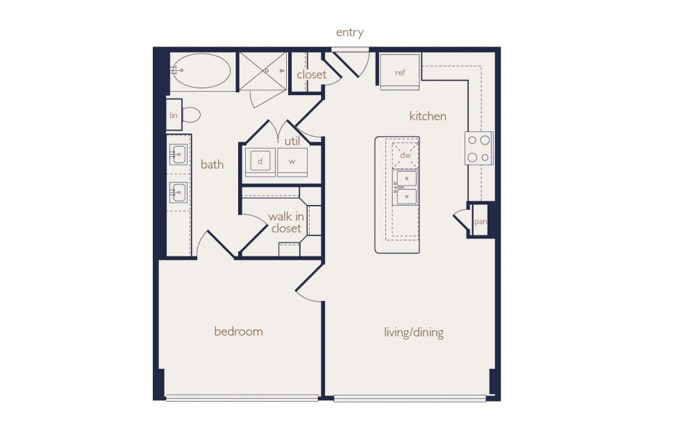 a5a - 1 bedroom floorplan layout with 1 bath and 770 square feet.