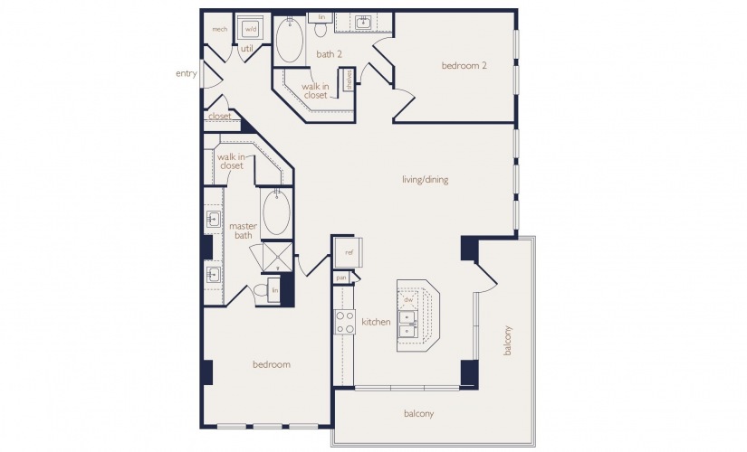b2 - 2 bedroom floorplan layout with 2 bathrooms and 1250 square feet