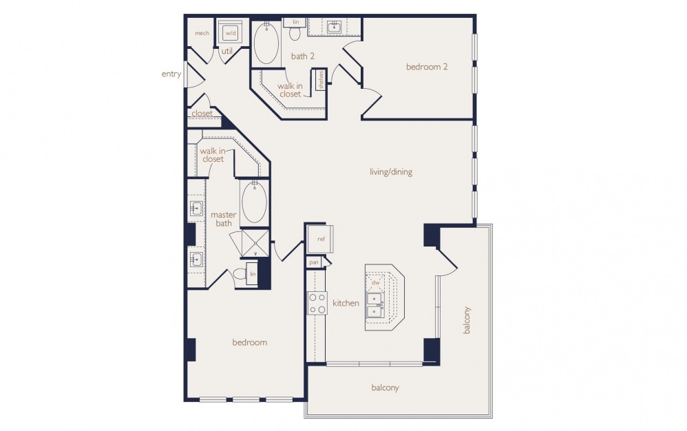 b2 - 2 bedroom floorplan layout with 2 baths and 1250 square feet.