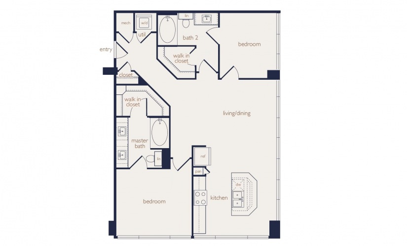 b2a - 2 bedroom floorplan layout with 2 bathrooms and 1102 square feet