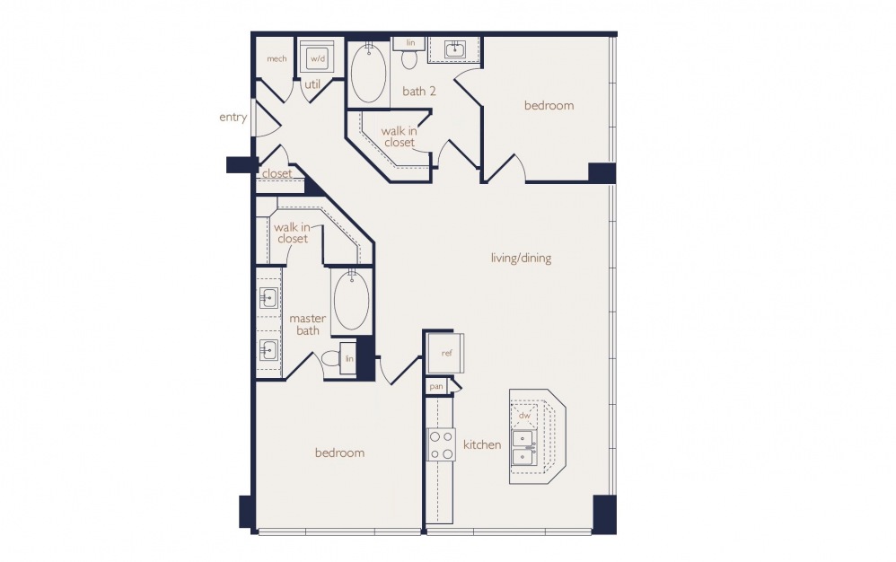 b2a - 2 bedroom floorplan layout with 2 baths and 1102 square feet.