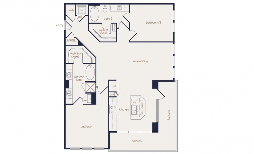 b2b - 2 bedroom floorplan layout with 2 bathrooms and 1251 square feet