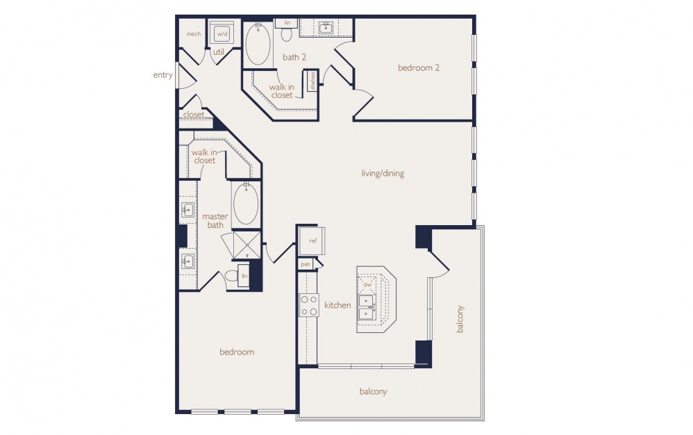 b2b - 2 bedroom floorplan layout with 2 baths and 1251 square feet.
