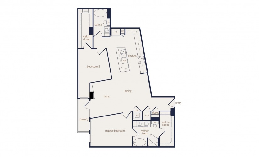 b3 - 2 bedroom floorplan layout with 2 bathrooms and 1270 square feet