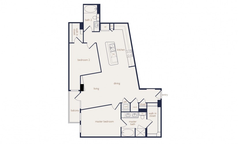 b3a - 2 bedroom floorplan layout with 2 bathrooms and 1250 square feet