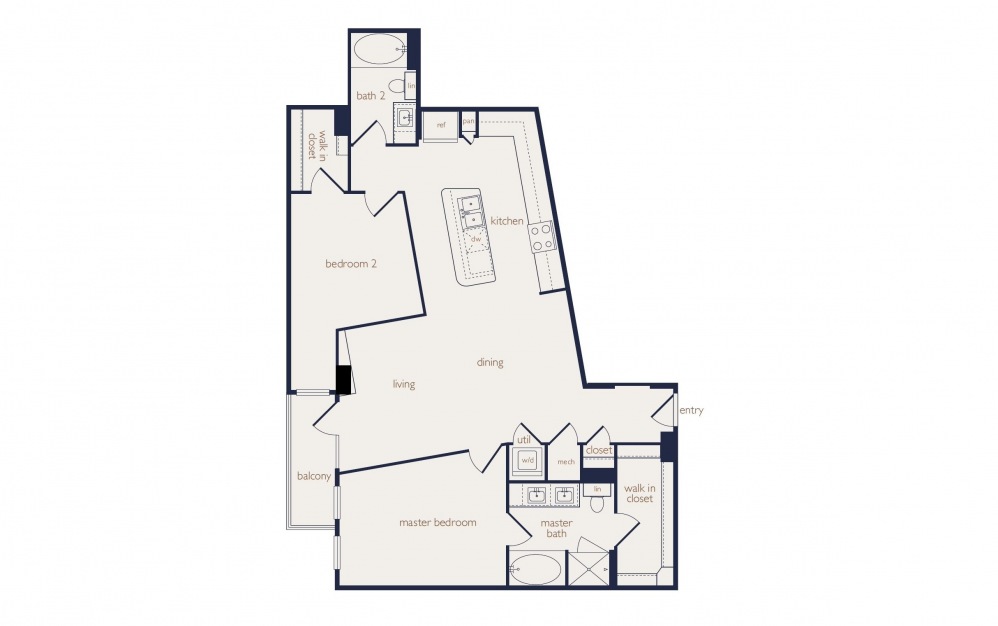 b3a - 2 bedroom floorplan layout with 2 baths and 1250 square feet.