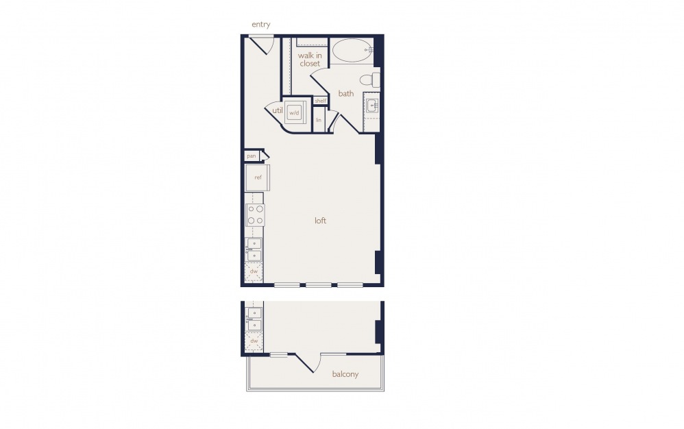 e1a - Studio floorplan layout with 1 bath and 461 square feet.