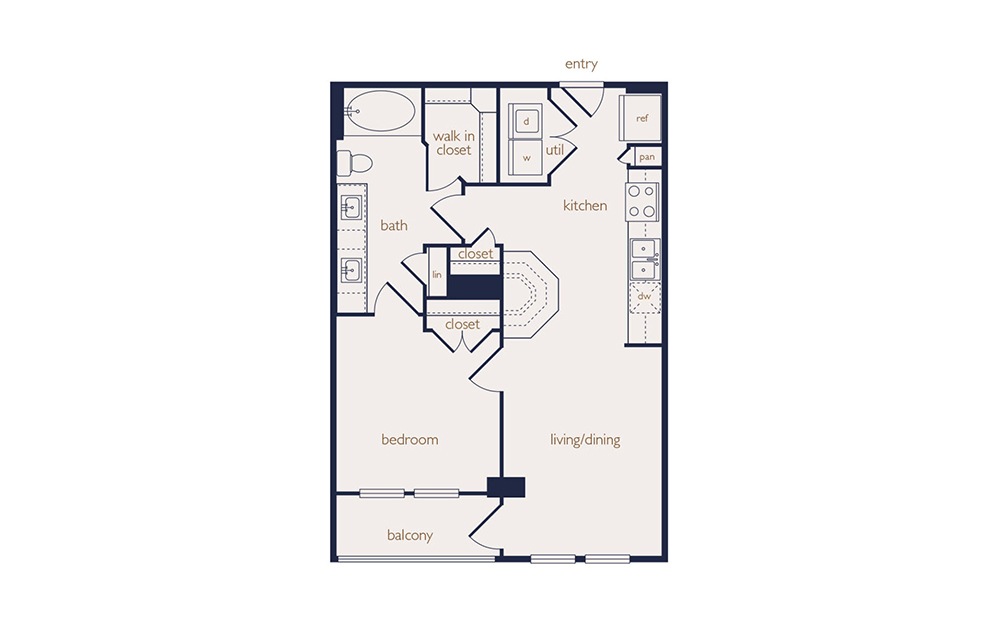 a1 - 1 bedroom floorplan layout with 1 bath and 674 square feet.