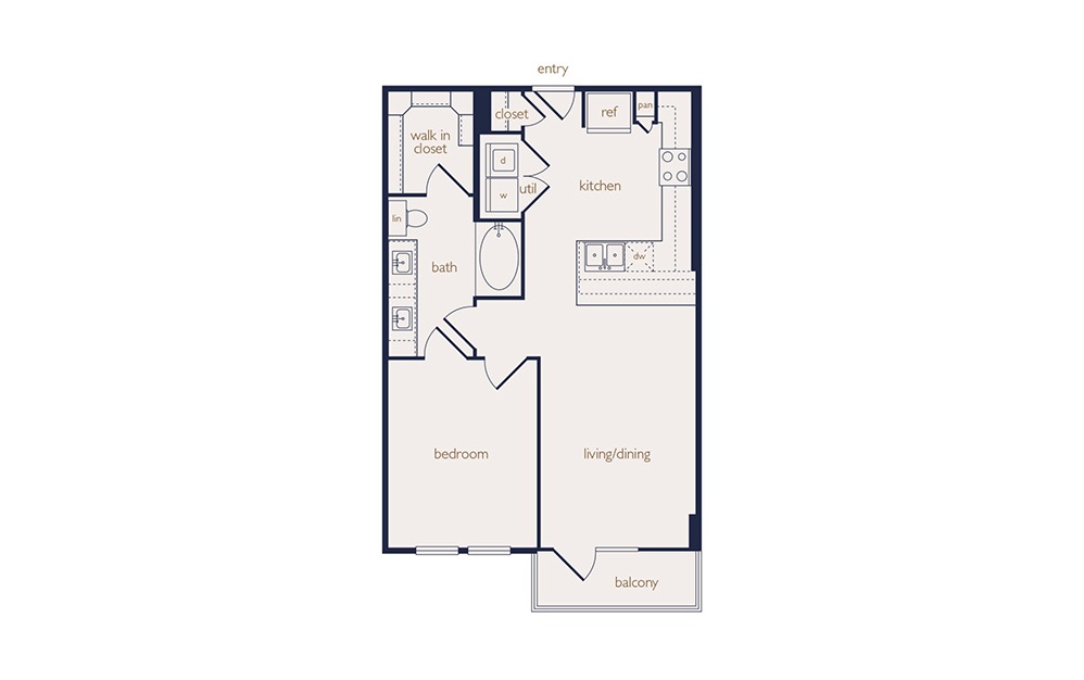 a2 - 1 bedroom floorplan layout with 1 bath and 732 square feet.