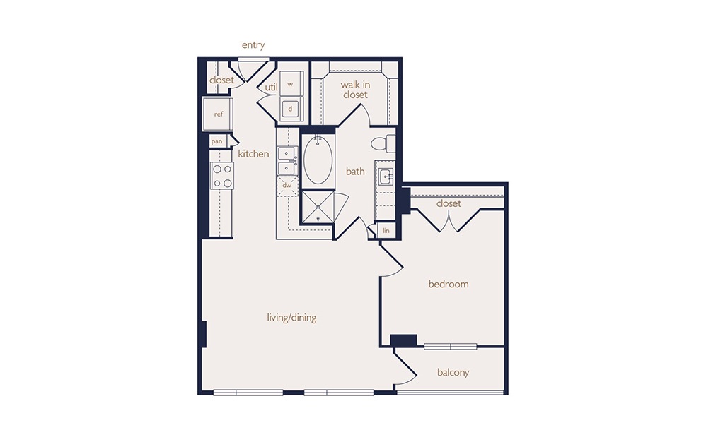 a4 - 1 bedroom floorplan layout with 1 bath and 789 square feet.