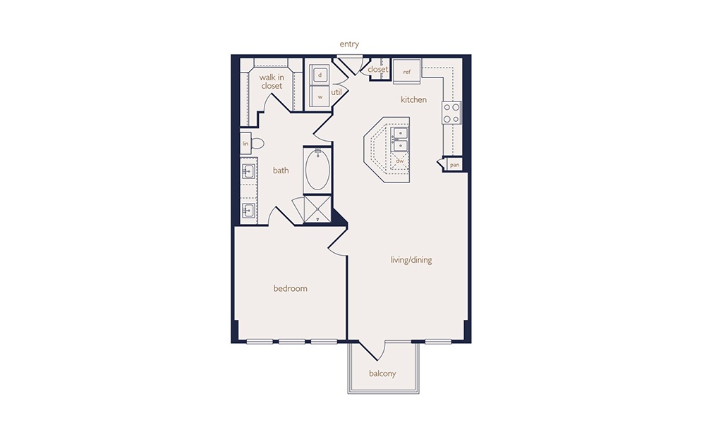 a6 - 1 bedroom floorplan layout with 1 bath and 893 square feet.