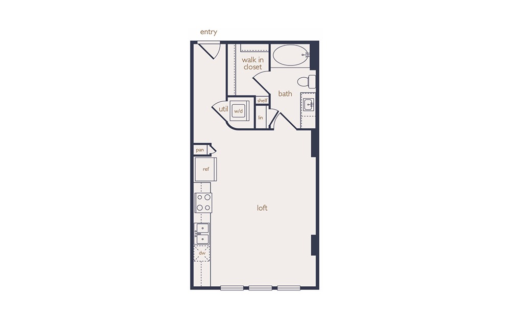 e1  - Studio floorplan layout with 1 bath and 525 square feet.