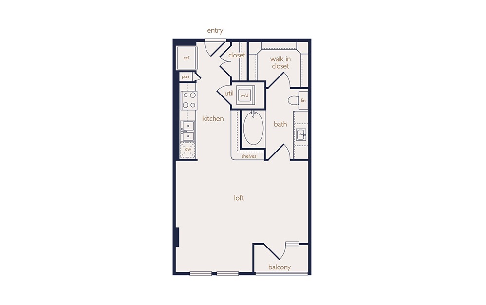 e3 - Studio floorplan layout with 1 bath and 577 square feet.