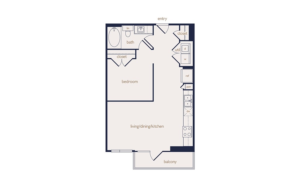 e4 - Studio floorplan layout with 1 bath and 642 square feet.