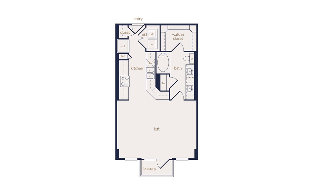e5 - Studio floorplan layout with 1 bath and 644 square feet.