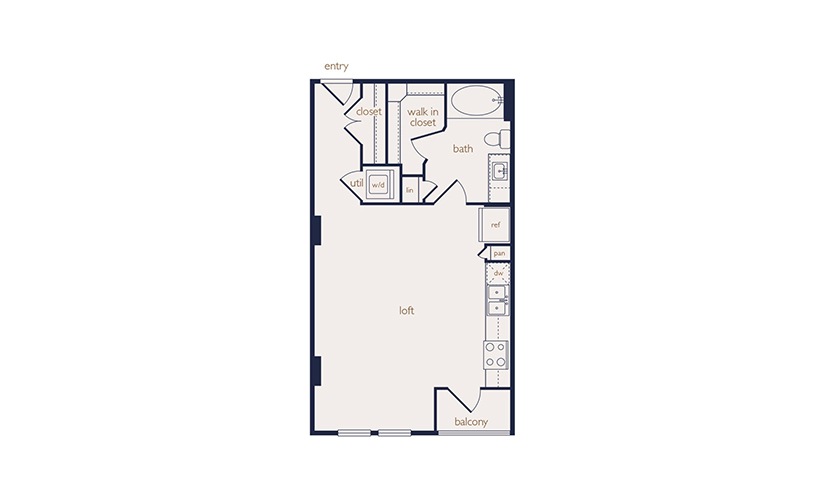 e2 - Studio floorplan layout with 1 bathroom and 569 square feet