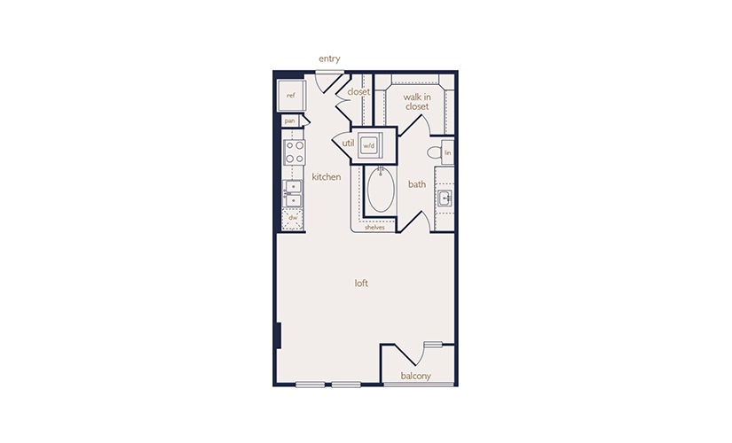 e3 - Studio floorplan layout with 1 bathroom and 577 square feet