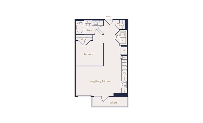 e4 - Studio floorplan layout with 1 bathroom and 642 square feet