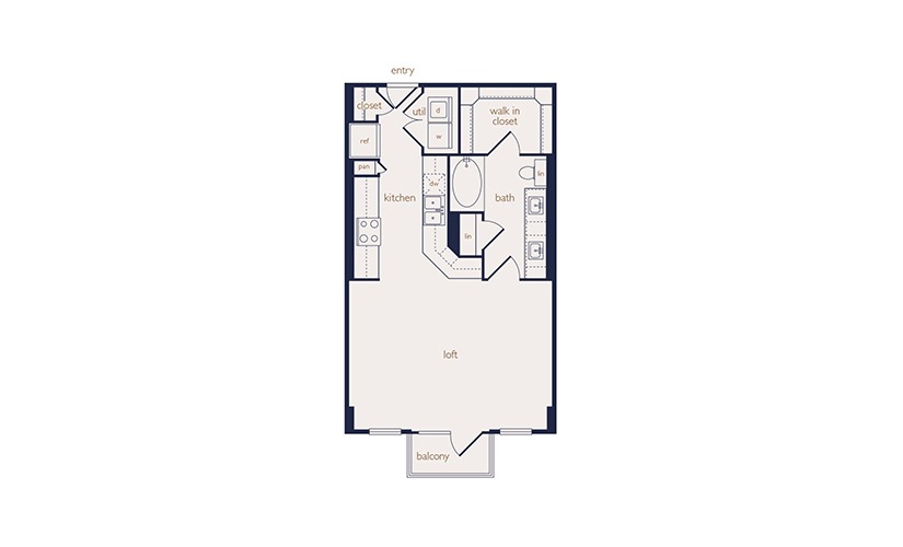 e5 - Studio floorplan layout with 1 bathroom and 644 square feet