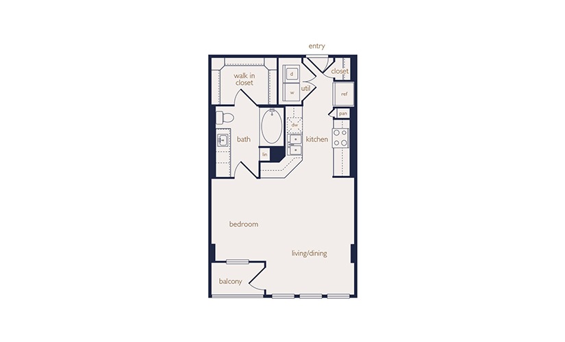 e6 - Studio floorplan layout with 1 bathroom and 602 square feet