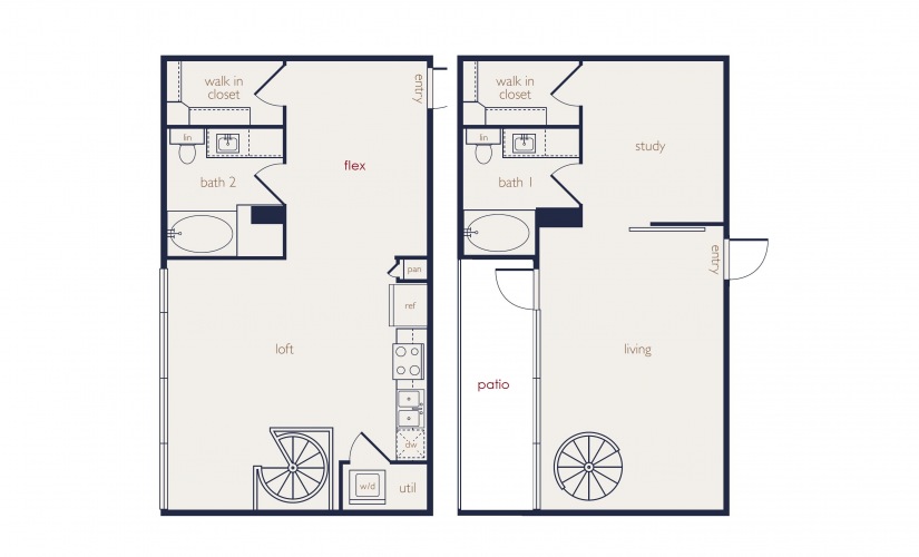 townhouse 1 - 1 bedroom floorplan layout with 2 bathrooms and 1215 square feet