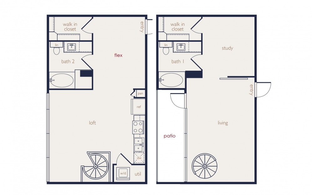 townhouse 1 - 1 bedroom floorplan layout with 2 baths and 1215 square feet.