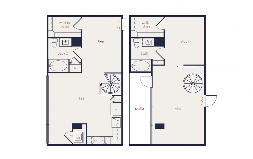 townhouse 1a - 1 bedroom floorplan layout with 2 baths and 1215 square feet.