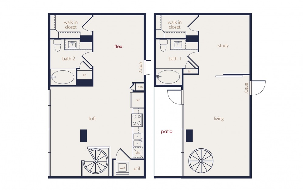 townhouse 1b - 1 bedroom floorplan layout with 2 baths and 1216 square feet.