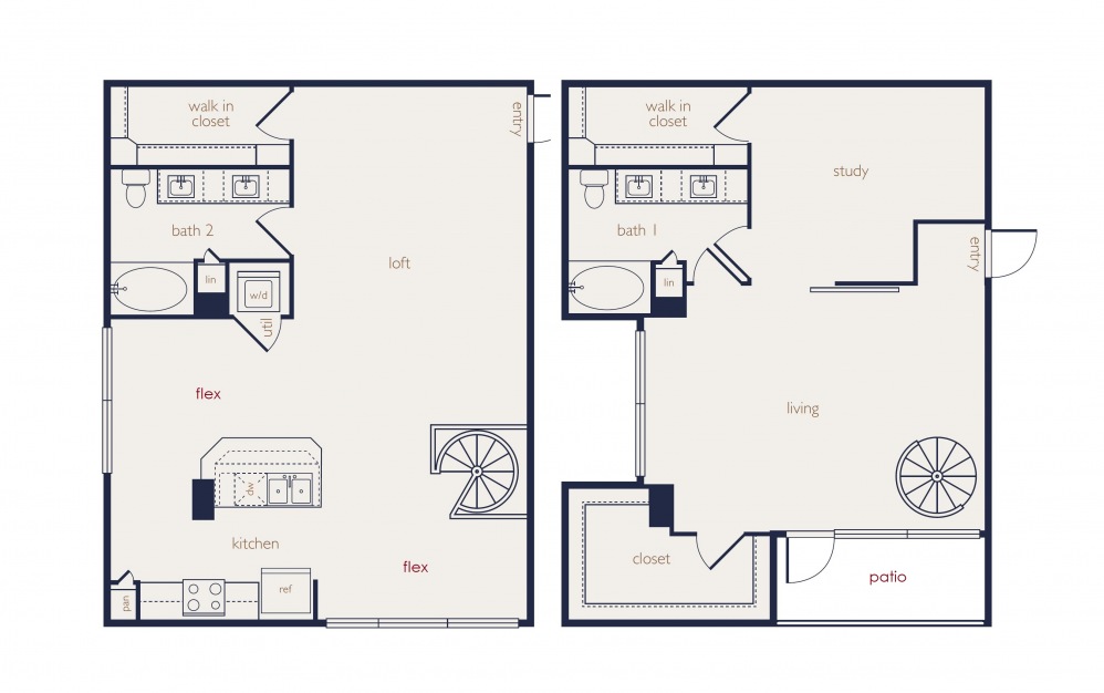 townhouse 2 - 1 bedroom floorplan layout with 2 baths and 1680 square feet.